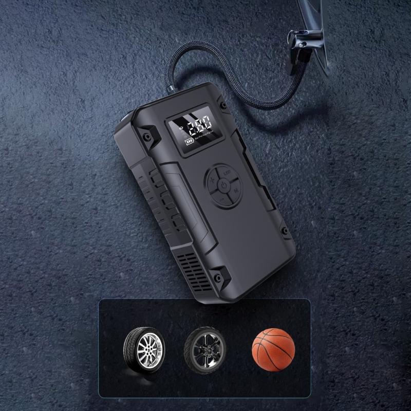 Bike Car Starting Device Jump Starters Digital Tire Inflator, with LED Light for Unexpected Low Tire Pressure Situations