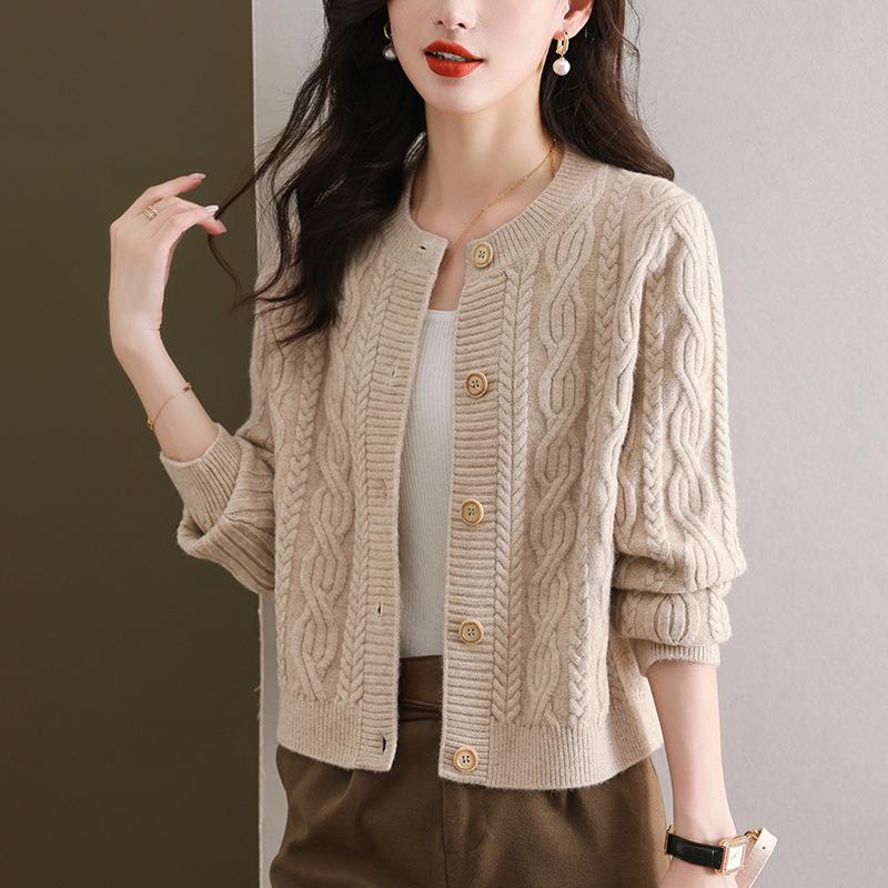 Autumn and winter fashion temperament solid color twist twisted round neck women's elegant lazy style retro knitted cardigan sweater