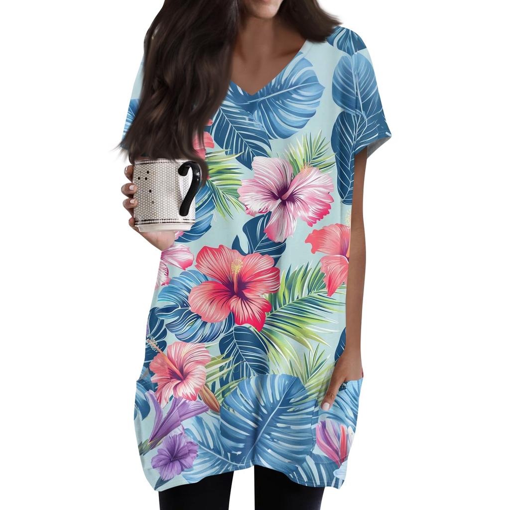 Haut Midi à Manches Courtes et Poches à Col en V pour Femme avec Imprimé Rétro Fleurs et Feuilles