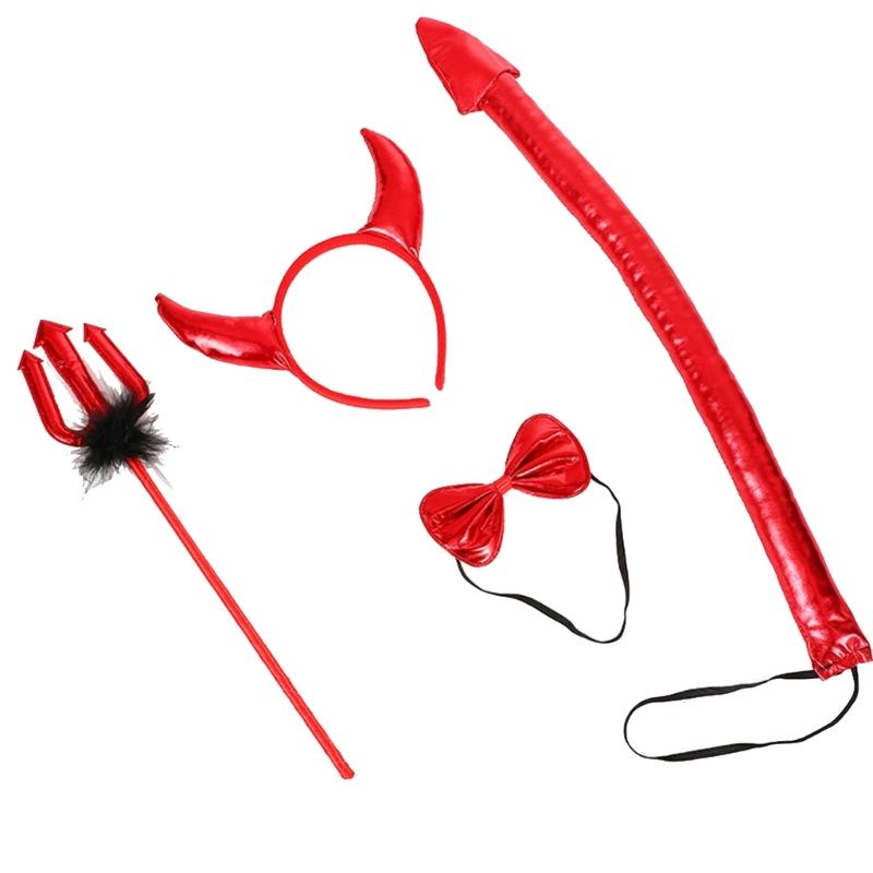 Halloween Devil Costume Kits Including Horn Headband Bowtie Tail Demons Dress Up Outfit Halloween Cosplays Party Props
