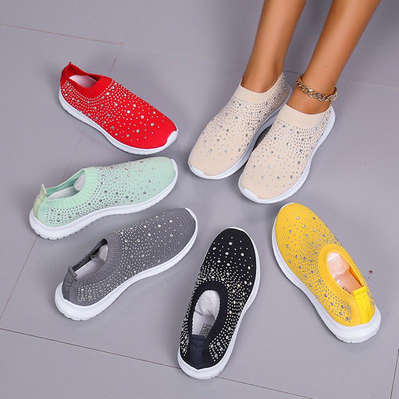 Women's Slip-On Crystal Sneakers Breathable Mesh Plus Size Casual Flats Women Comfort Soft Sole Running Walking Shoes