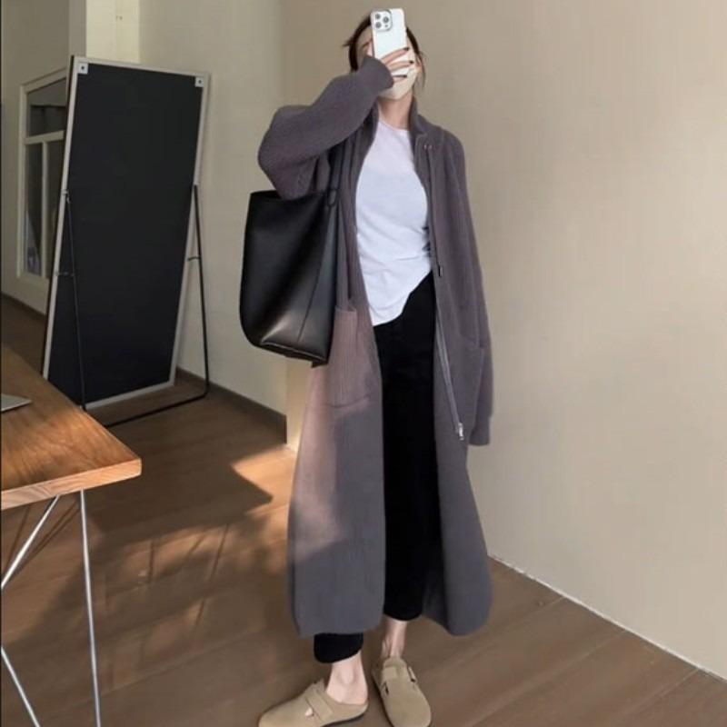 Autumn and winter new design stand-up neck knitted cardigan women's fashion long zipper sweater jacket