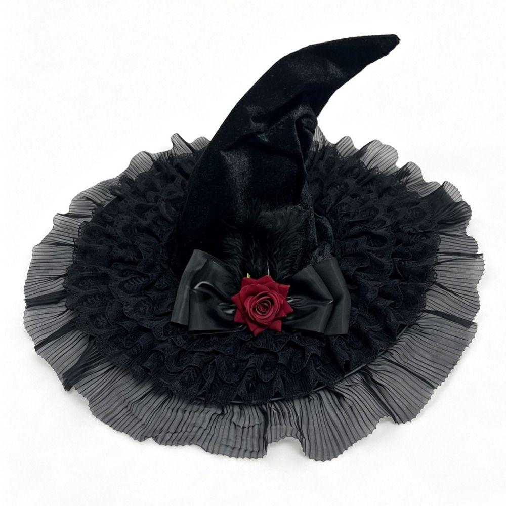 Black Green Purple Halloween Witch Hat Rose Bowknot Pointed Hat Witch Cosplay Hat  Halloween Party