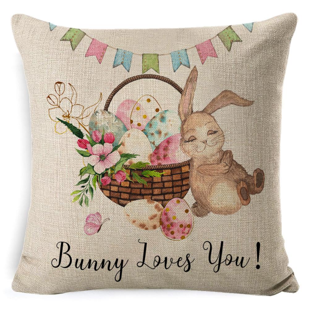 Cartoon Easter Pillow Cover Linen Watercolor Bunny Egg Home Sofa Cushion Cover