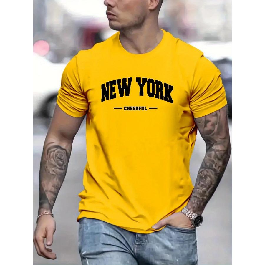 Cotton Men's 100% Pure Cotton Summer Loose Fit Oversized New York Cheerful Print Casual Slim Fit Round Neck Short Sleeved T-shirt Top