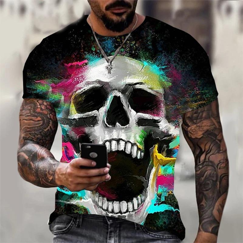 T-shirt estiva da uomo con stampa 3D di teschio, personalizzata, con stampa cool, stile punk rock retro, alla moda, manica corta