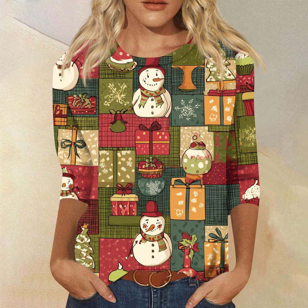 Women's Fashion Casual Round Neck Three-quarter Sleeve Christmas Print T-shirt Top