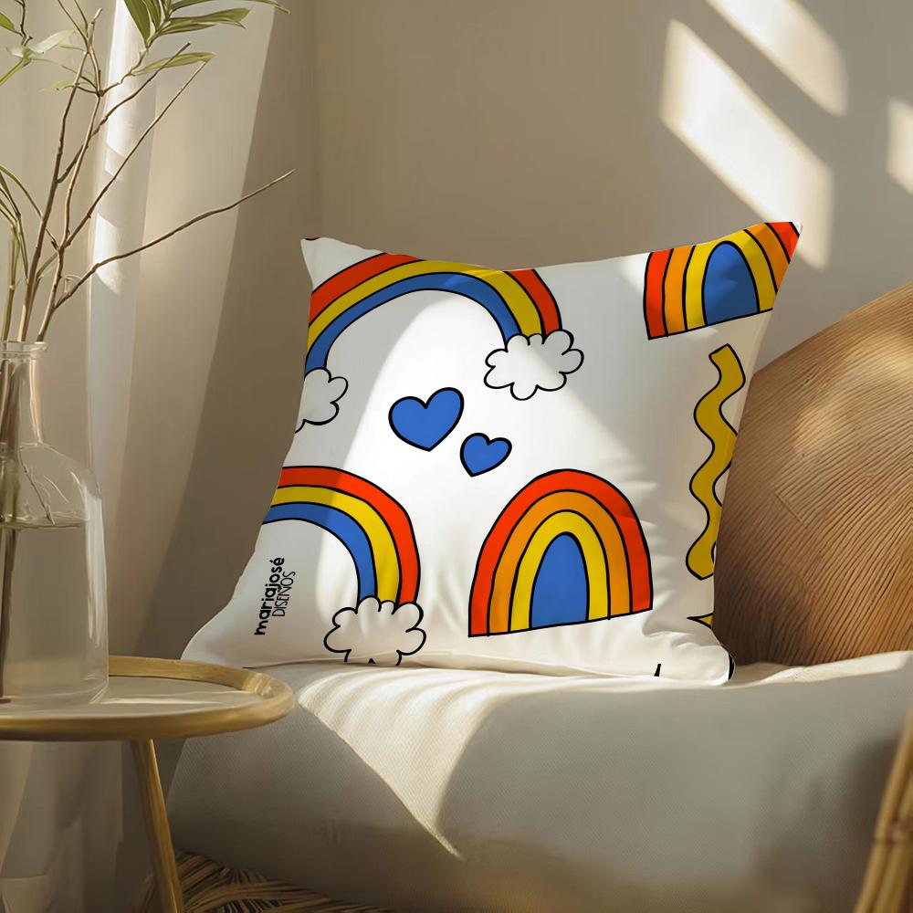 Rainbows And Hearts Cushion Cover Soft Short Plush Pillow Cover Smooth Cozy Texture Aesthetic Cushion Case Home Decor