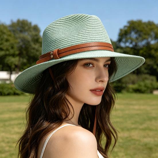 Women Jazz Hat Wide Brim Faux Leather Belt Decor Beach Straw Hat Adjustable Size UV Protection Foldable Summer Hat