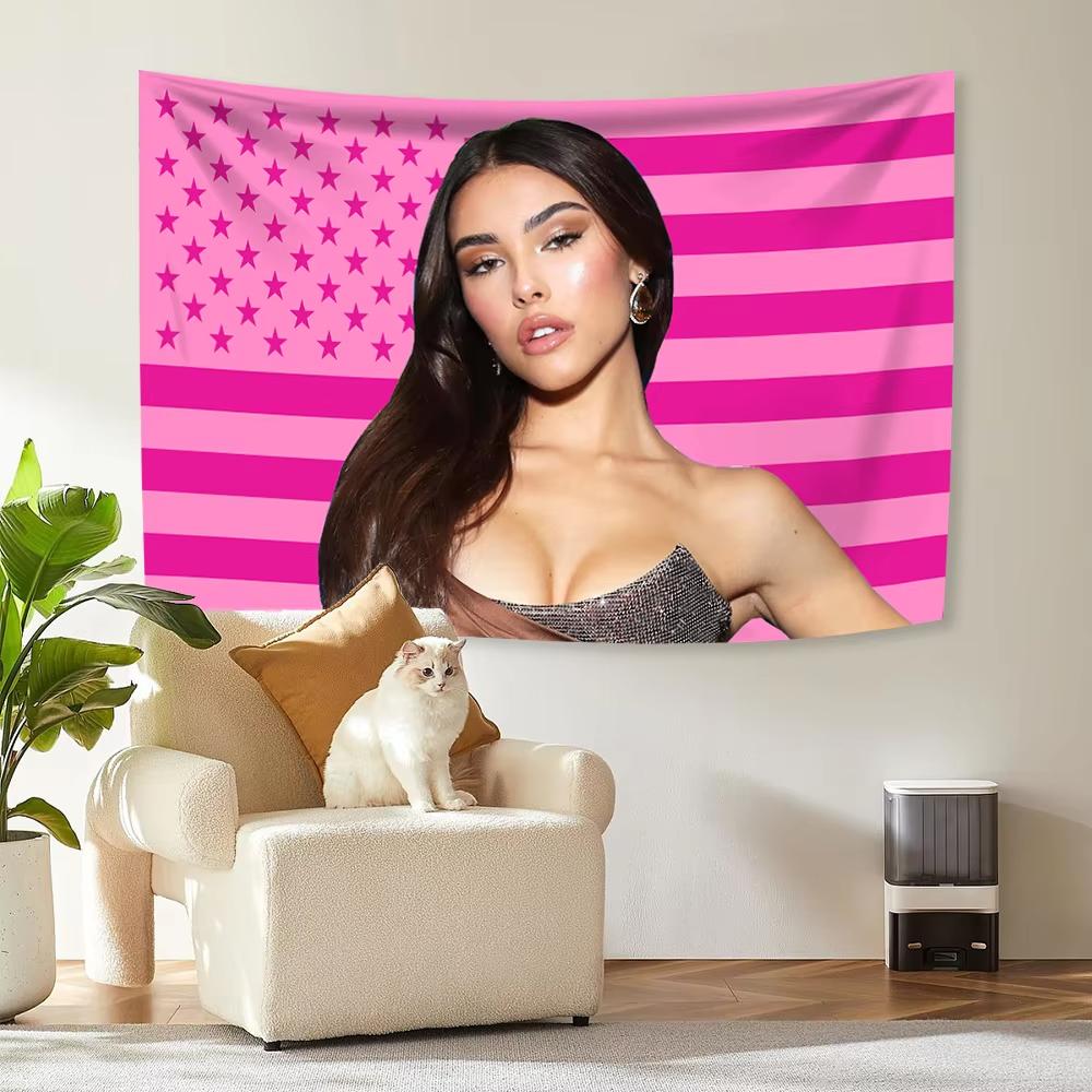 Madison Beer Pink American Flag Tapestry | Flat Printed Cool Pop Star Wall Hanging For Bedroom, Bar & Aesthetic Room Decor