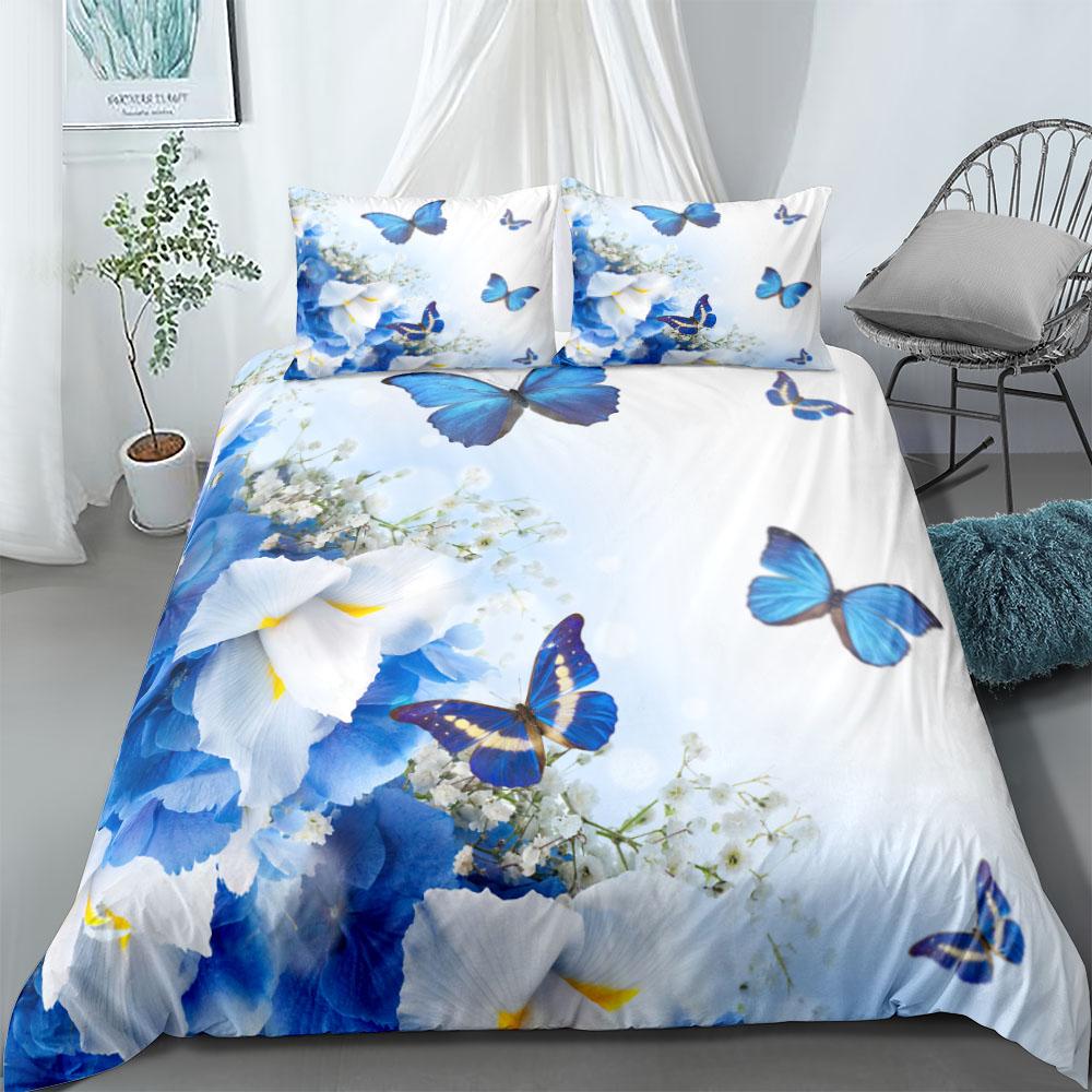 Shadow Blue Birds Floral Duvet Cover Set UK Single Double Queen US Twin Full King Size Pkm Bed Linen Set