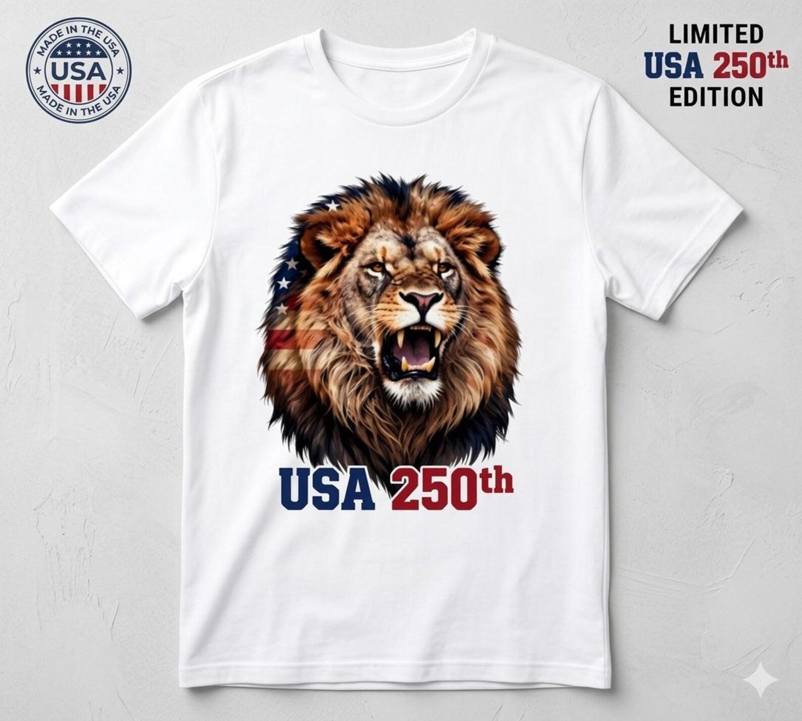 USA 250th Anniversary Lion Graphic Tee, Patriotic American Flag Shirt S