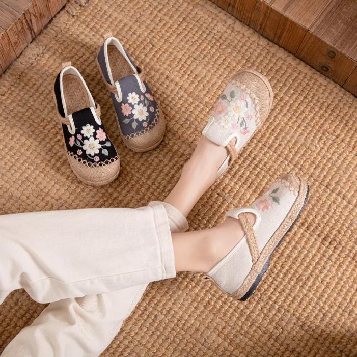 Johnature Chaussures plates confortables en tissu brodé, coton et lin, style ethnique, pour femmes