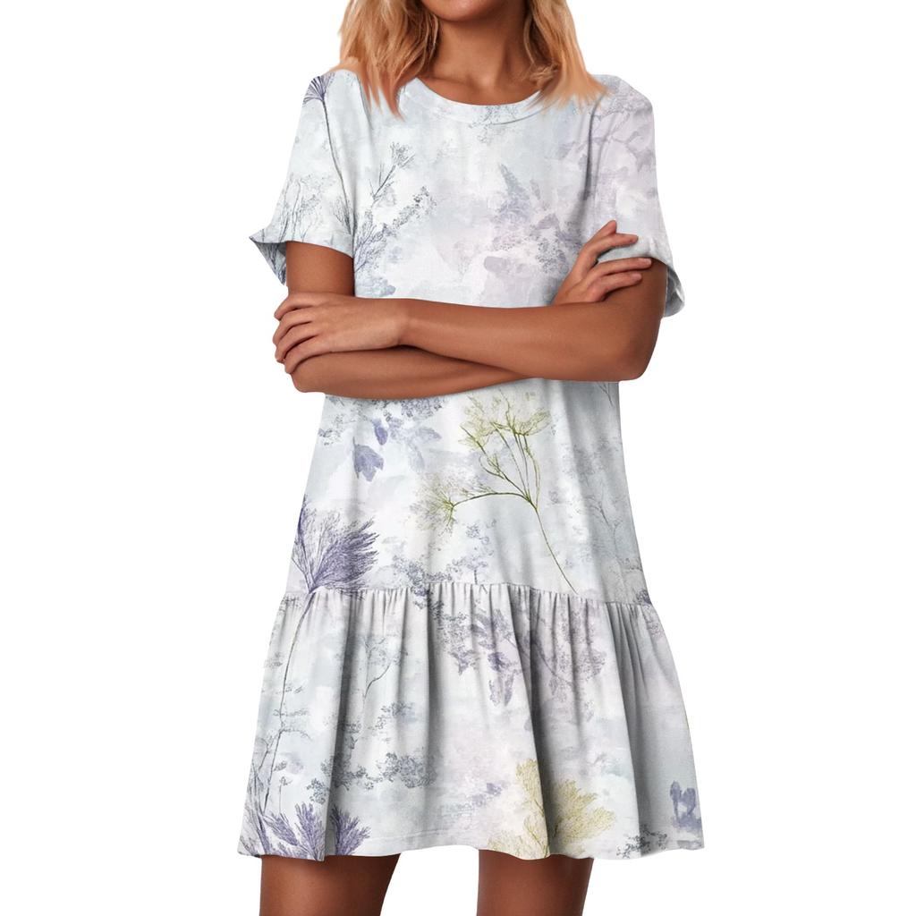 Women's Fashion Casual Round Neck Short Sleeve Ruffled Vintage Printed Dresses