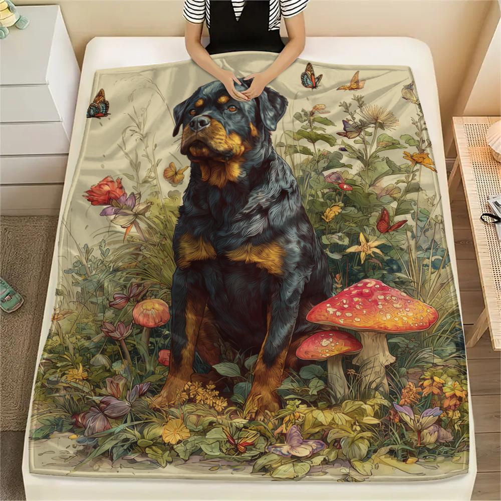 Rottweiler and Grass,pattern Flannel Blanket, High quality Comfortable for All Seasons, Home Decor, Warmth and Comfort, Perfect for Gifts.