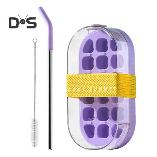 

Форма для льда в бутылке с трубочкой, открывающаяся одним щелчком, 2-в-1, форма для льда и чайник, портативная бутылка для воды, вертикальный лоток для льда для морозильника With straw фиолетовый