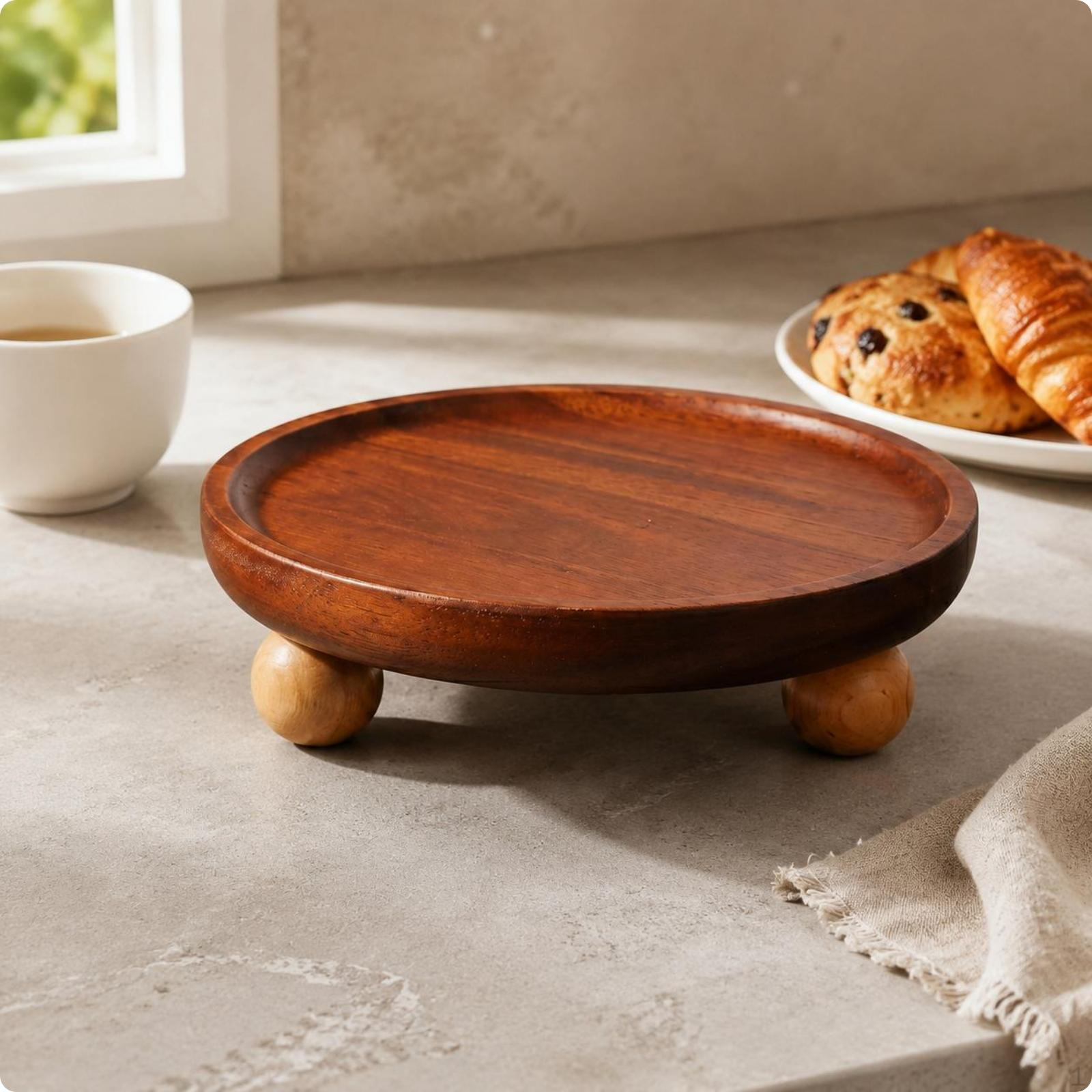 Round Acacia Tray Grain Wooden Serving Polished for Entryway 5inch Plate 5-inch Round Plate