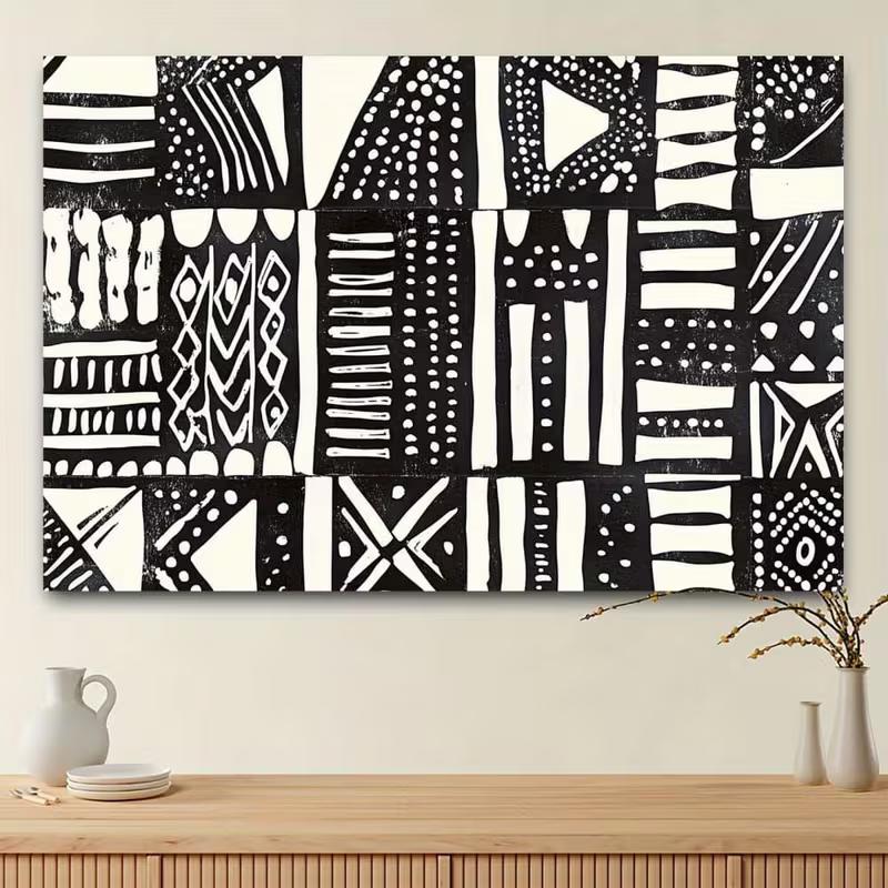 2D Black White Tribal Geometric Tapestry for Boho Room Decor