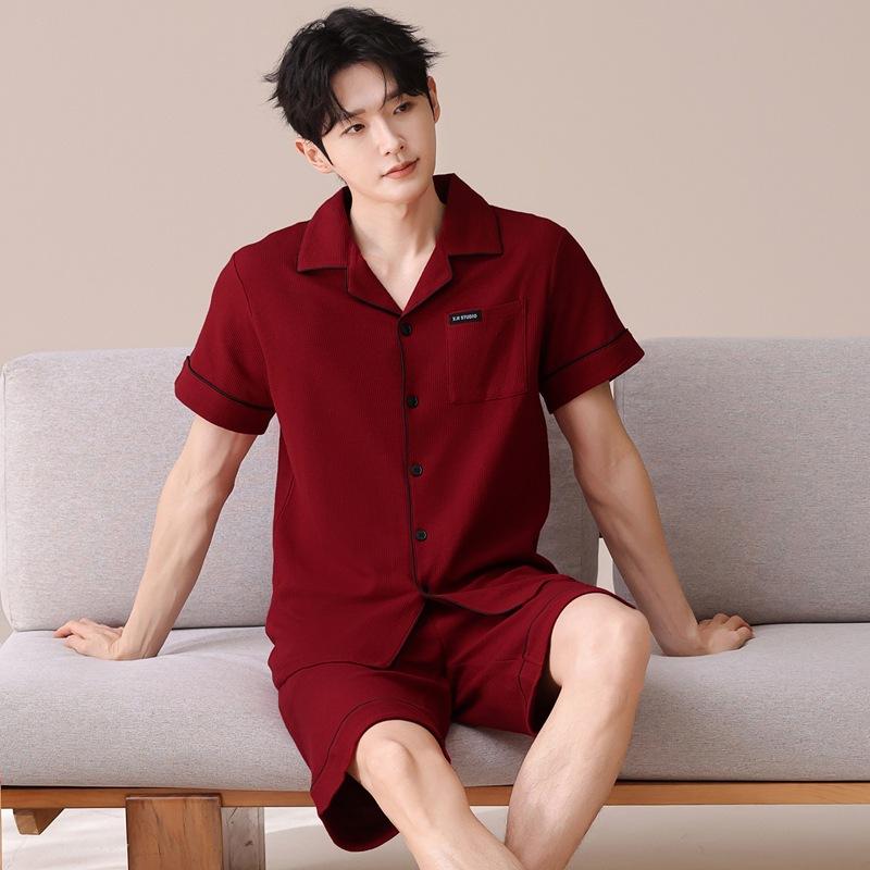 Couple Pajamas Summer Cotton Short-sleeved Nightgown Thin Wedding Wedding Burgundy Festive Natal Year Cotton Suit