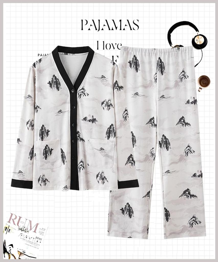 PHOLEEY Open Relaxed Loungewear Women's Pajamas, V-Neck, Collar, 100% Cotton, Fit,