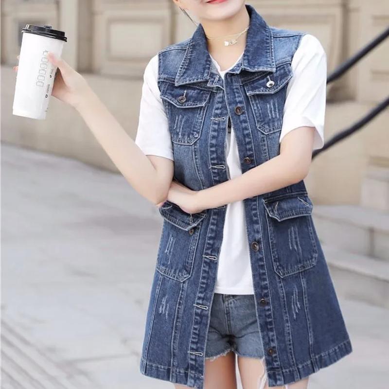 

Женский длинный джинсовый жилет - однобортный свободный топ без рукавов с рваными модными карманами, верхняя одежда, длинные винтажные куртки XXXXXXL синий