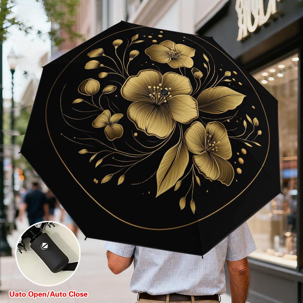 

1pc Automatic Open/Close Umbrella with Golden Floral Design - Heavy-Duty Automatic Open/Close Mechanism, 8-Rib Windproof Frame (as the picture,Iron&8K)