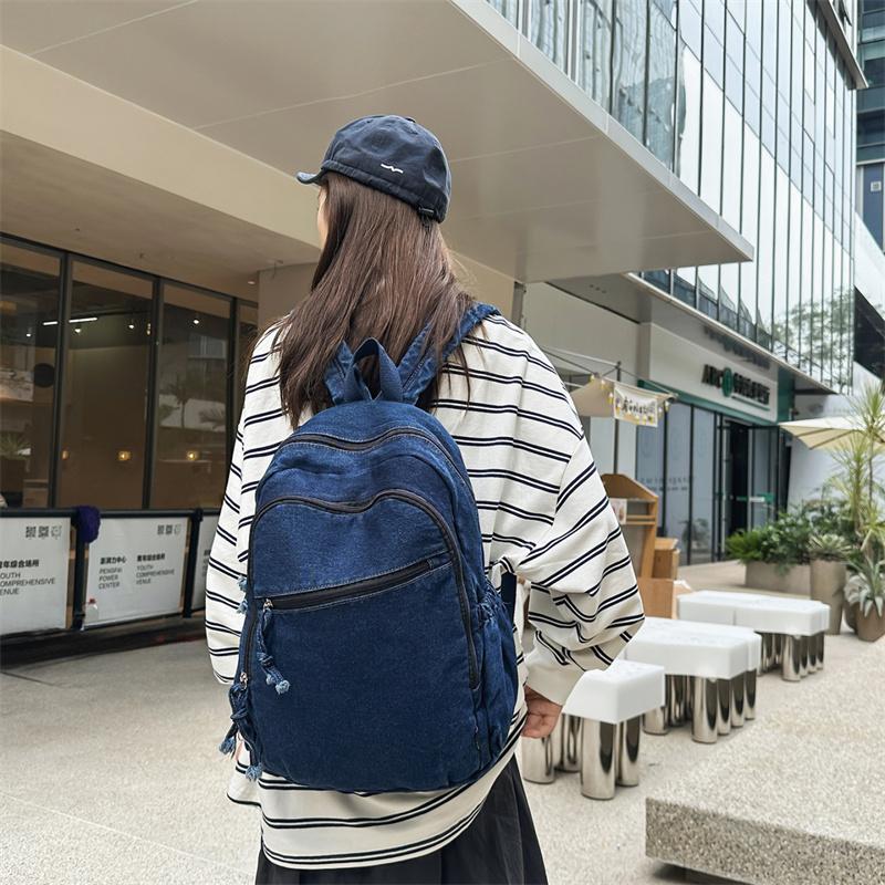 Denim Backpack Student Schoolbag Solid Color Backpack