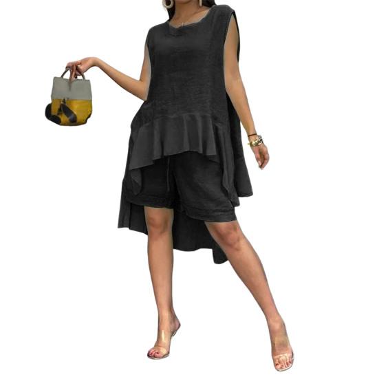 

Women s Cotton Linen Two Piece Set Irregular Ruffle Hem Sleeveless Top Drawstring Shorts Set Summer Casual Outfit S чёрный