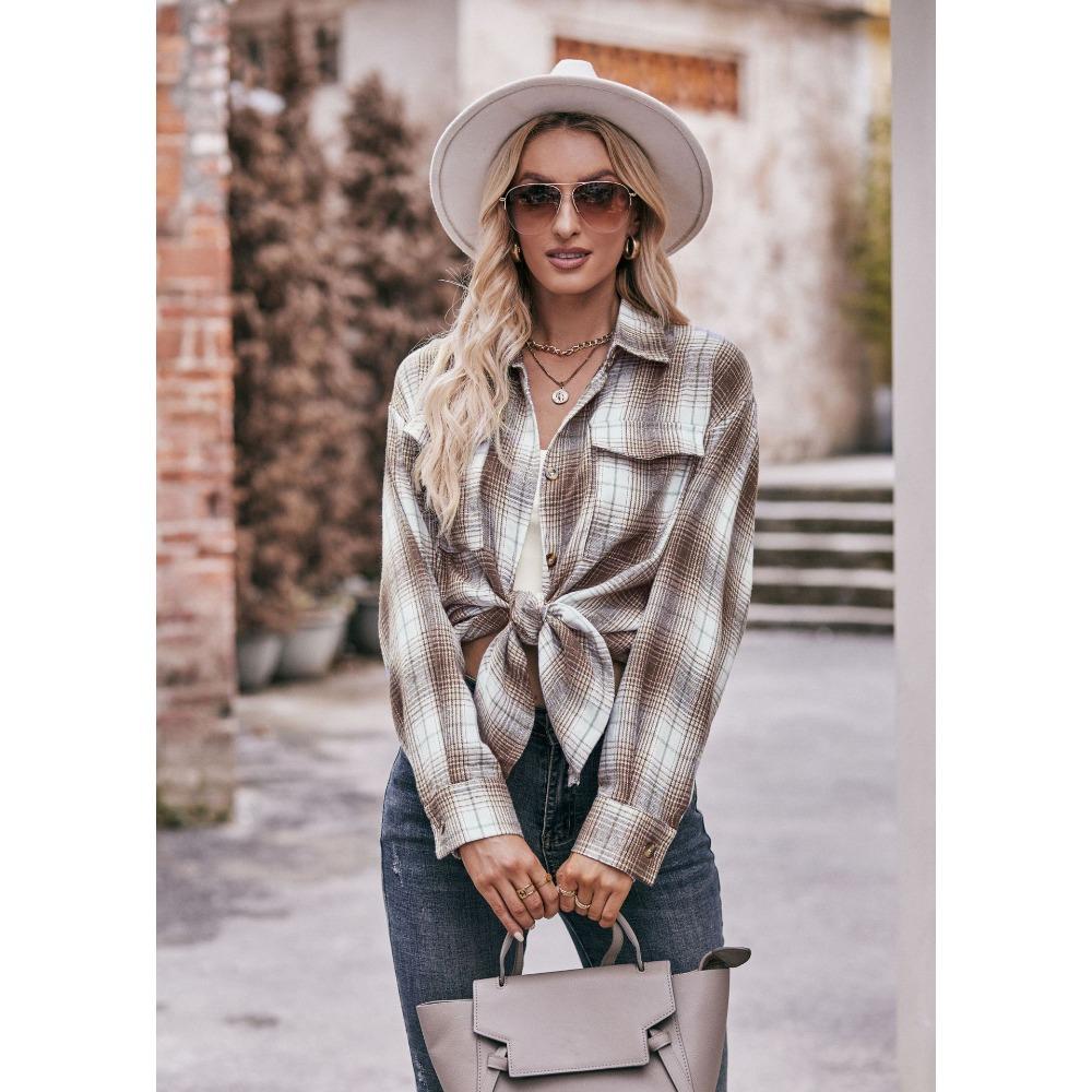 Autumn and Winter Casual and Fashionable Loose Checkered Women's Blouses & Shirts