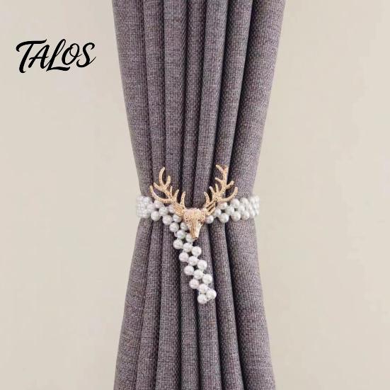 Light Luxury Curtain Decor Deer Head Tieback, Faux Pearl Beaded Stretch Holder, Decorative Holders Adjustable Holdback for Bedroom Living Room Window