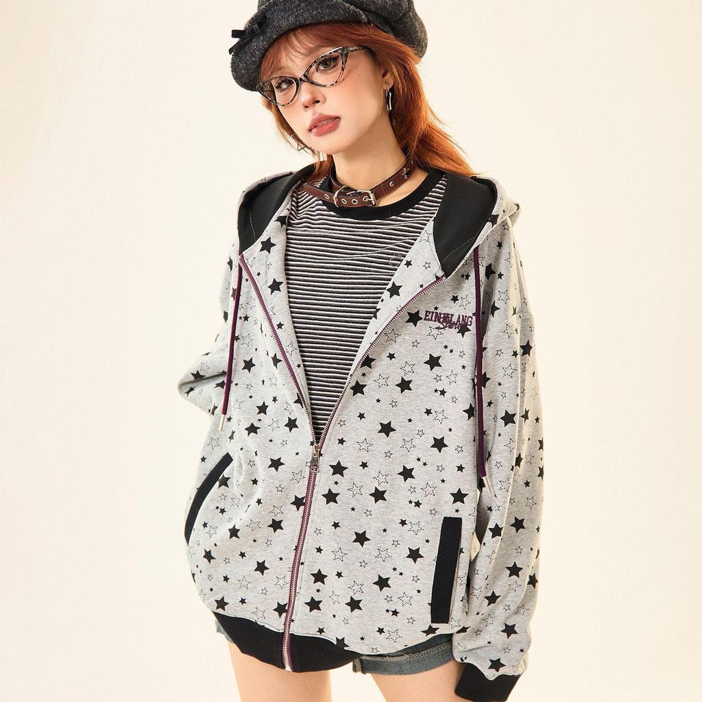 Women's Grey Star Print Hooded Sweatshirt - Cotton Blend, Loose Fit, Zipper Cardigan, Retro Style for Spring and Autumn