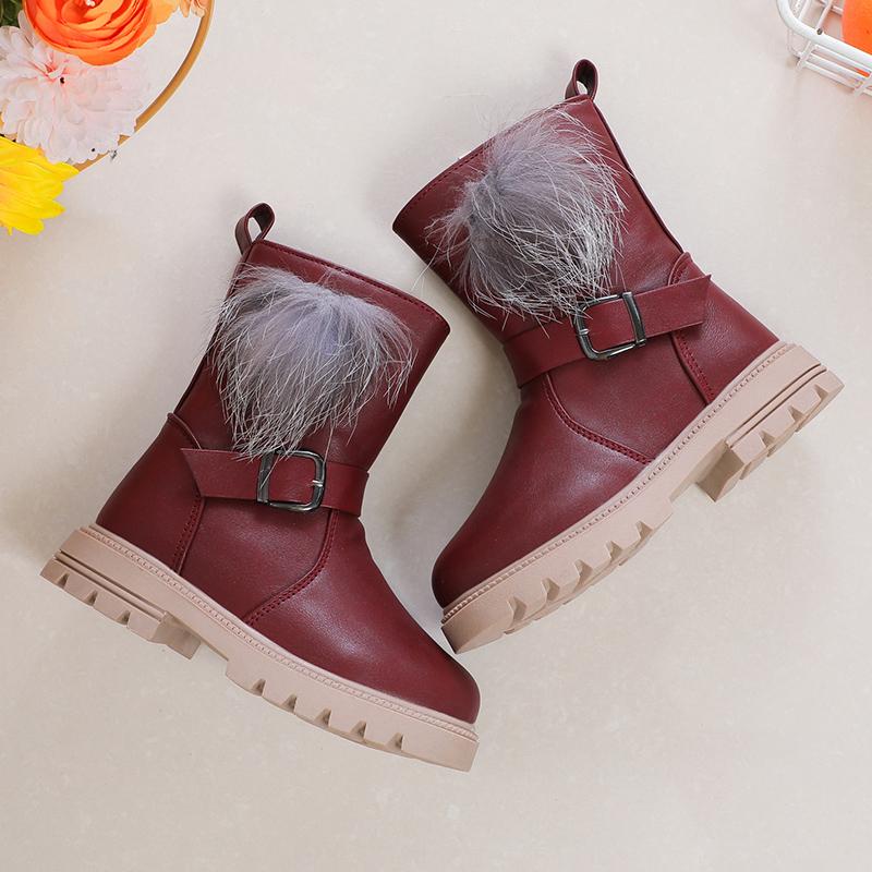 

Модные сапоги для девочек с пушистыми мохнатыми подушечками, милые, теплые, на осень-зиму, детские резиновые сапоги, милая принцесса, с боковой молнией, нескользящие, мягкие 27 красный