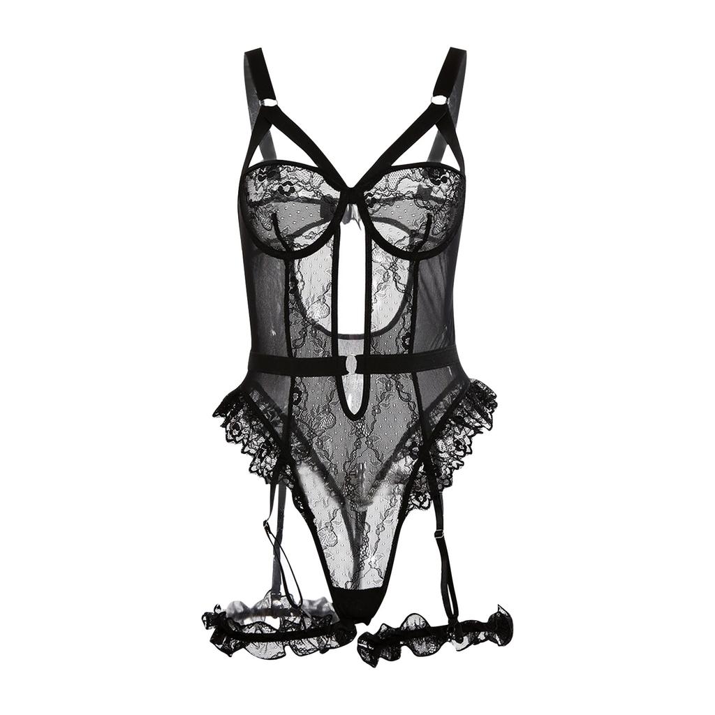 New Fun Underwear Sexy Black Lace Lace Pattern Mesh Women's Bodysuit Charm Underwear Set