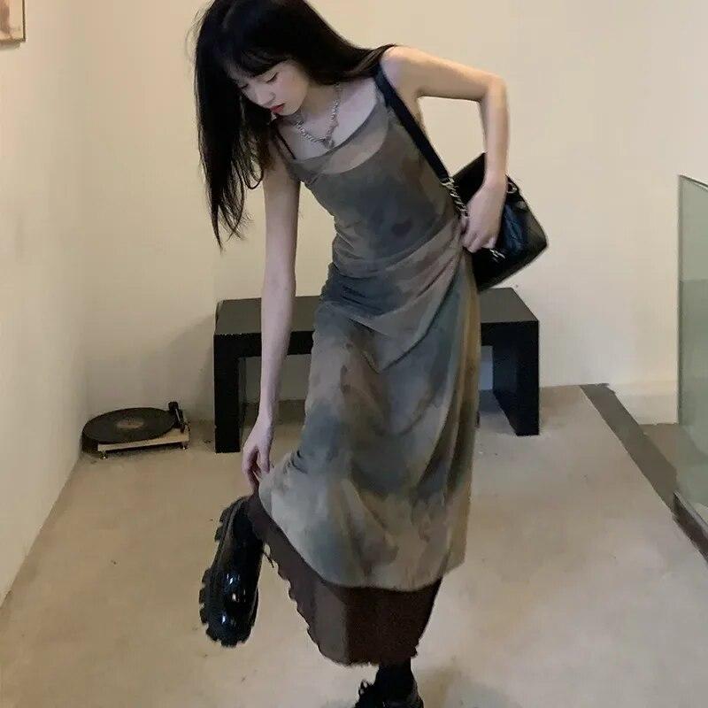 Vintage Tie Dye Print Mesh Dress Grunge Gothic Spaghetti Strap Midi Dress Korean Style Party Dress Fairycore Vestidos Summer New