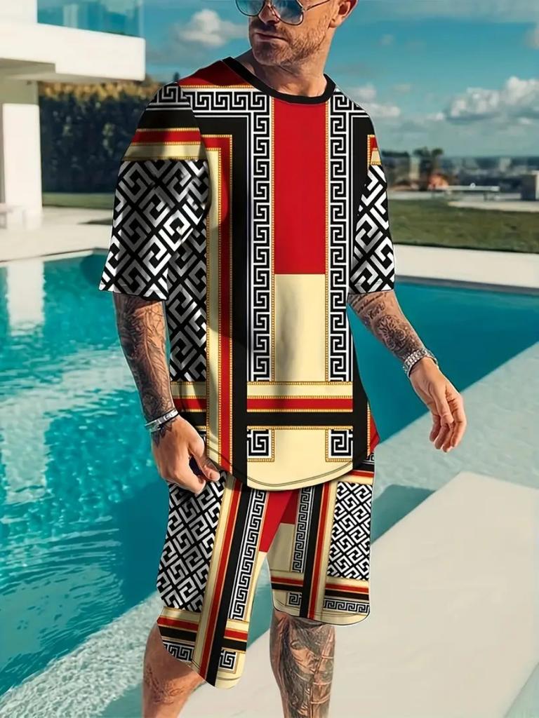 Summer 2 Piece Outfit Male 3D Color Block Print Short Sleeve T-Shirt ShortsSets Outdoor Men's Clothing Tracksuit