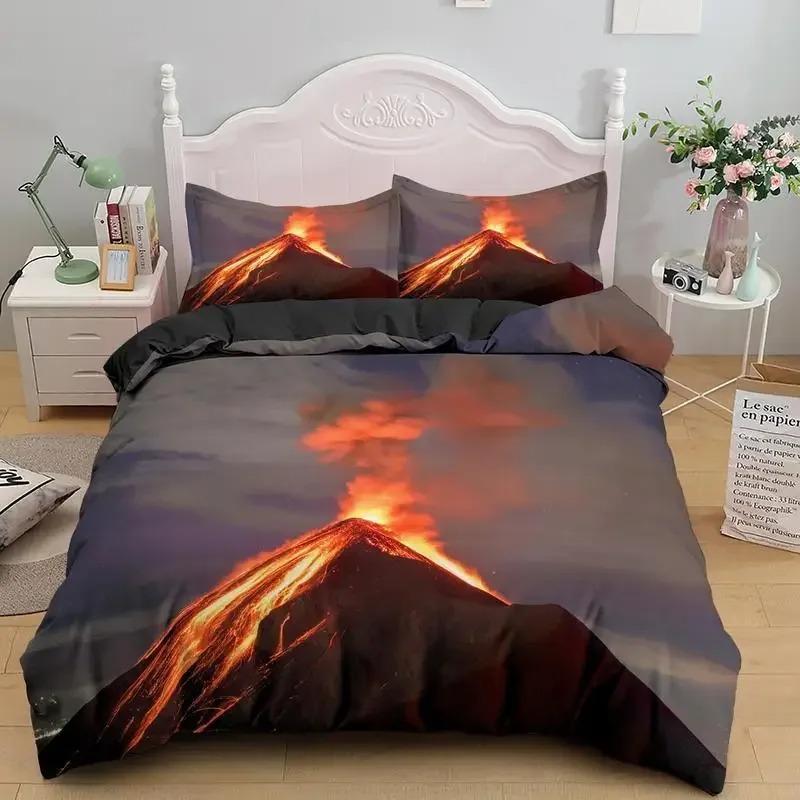 King Size Volcano Duvet Cover Set Red Yellow Disaster Pattern Microfiber Lava Bedding for Adult Men Teen