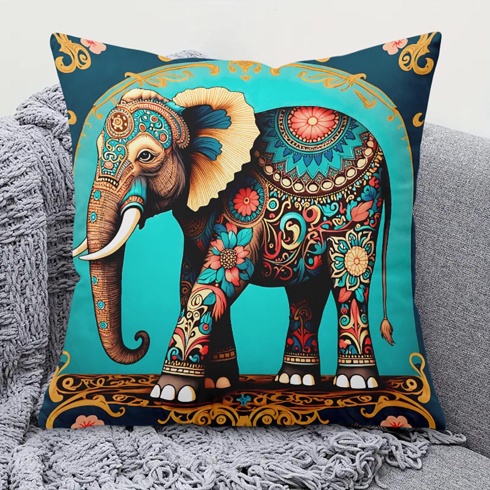 2D Flat- Bohemian Elephant Decorative Throw Pillow Cover Ethnic Style Floral Cushion Case For Home Sofa Bedroom