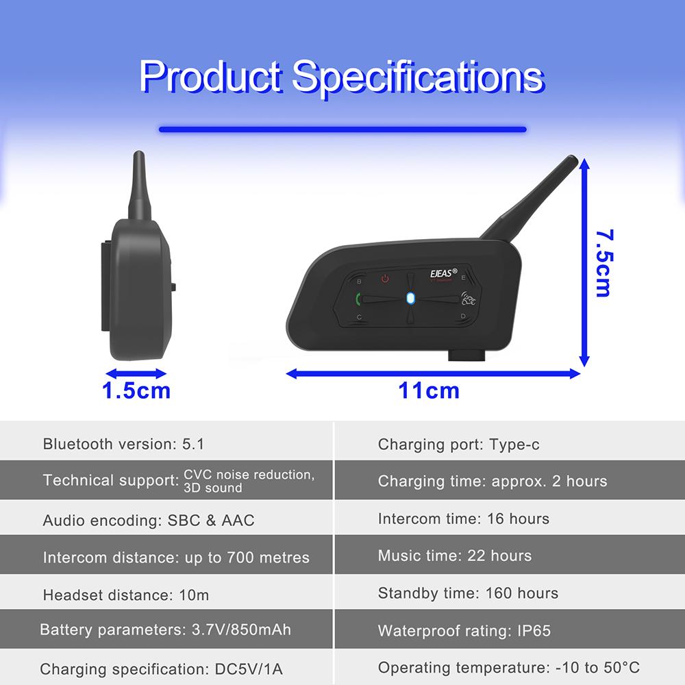 EJEAS V7 Motorcycle Helmet Bluetooth Headset Waterproof Walkie-talkie Communicator Long Standby Suitable for 7 People Riding Set