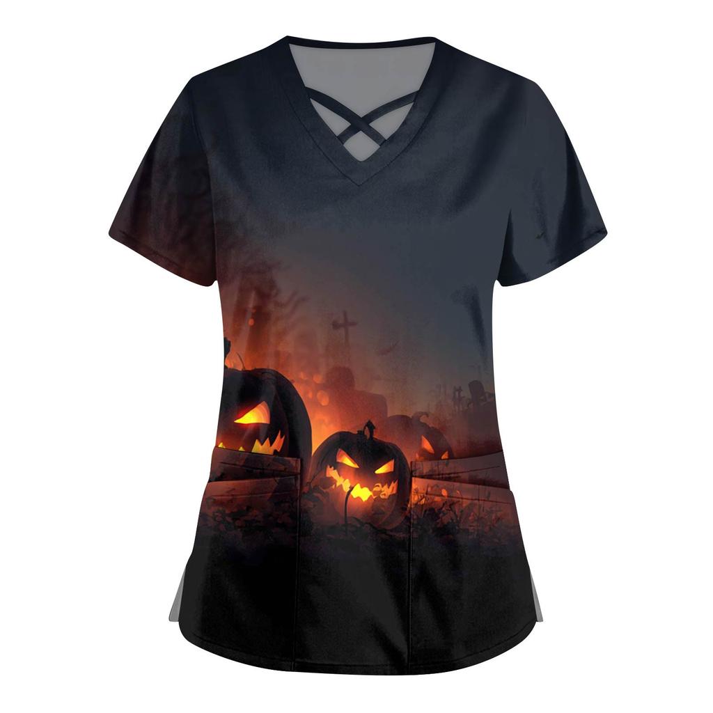 Women's Fashion  V-Neck Short Sleeve Overalls Double Pocket Halloween Printed Tops  Apparel