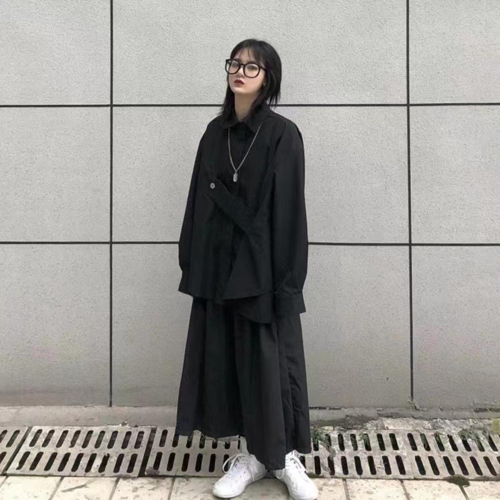 Yohji Yamamoto Dark Style Irregular Shirt for Women, Loose Long Sleeve Shirt with Turn-down Collar, Trendy Unisex Top