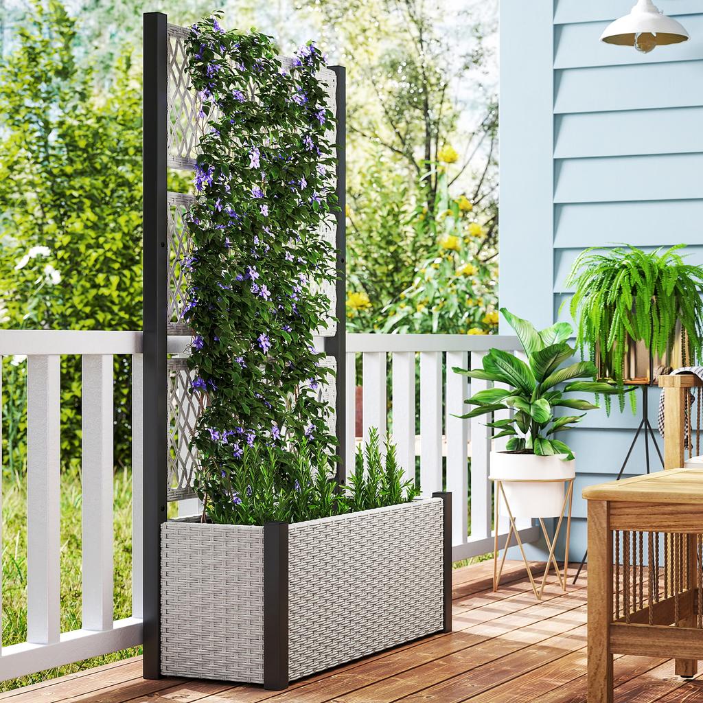 Garden Planter Box with Trellis, Liner for Climbing Plants, Vegetables, Flowers, 90 X 35 X 148 Cm, Mixed-grey