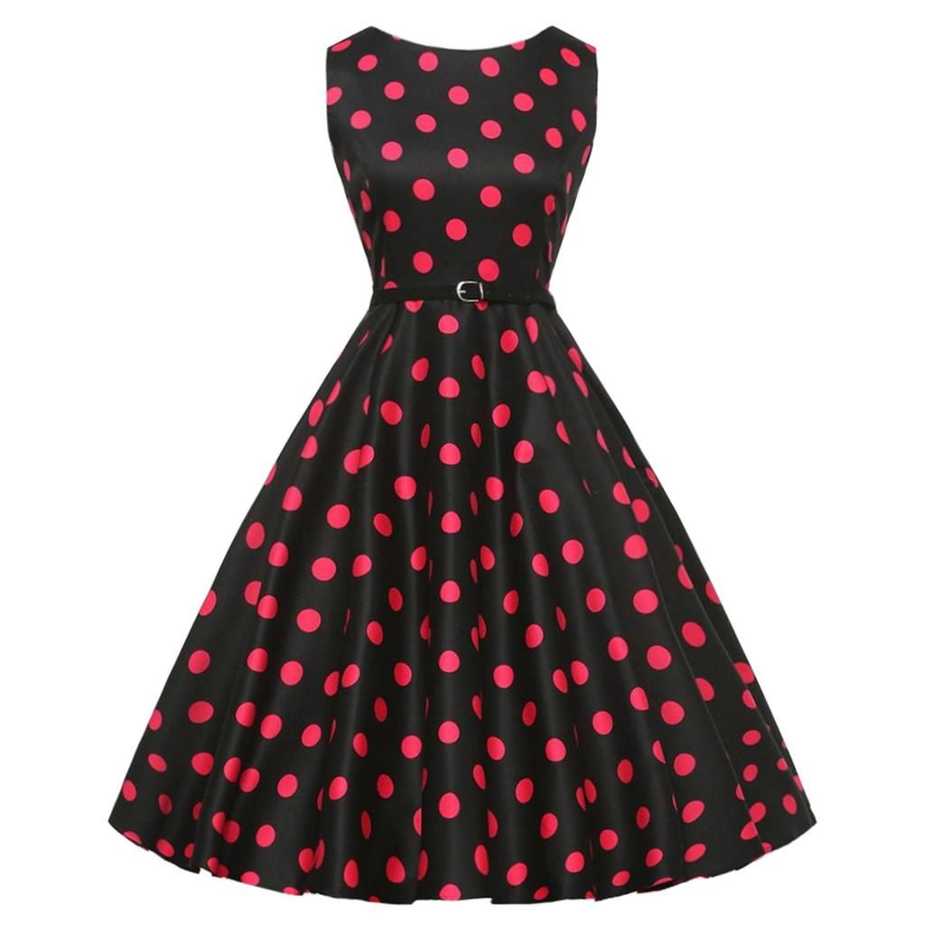Women's Retro Hepburn Style One Neckline Sleeveless Polka Dot Printed Dress with Black Belt