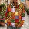 Damen Retro Print Kapuzenpullover mit langen Ärmeln, Taschen und lässiger Passform
