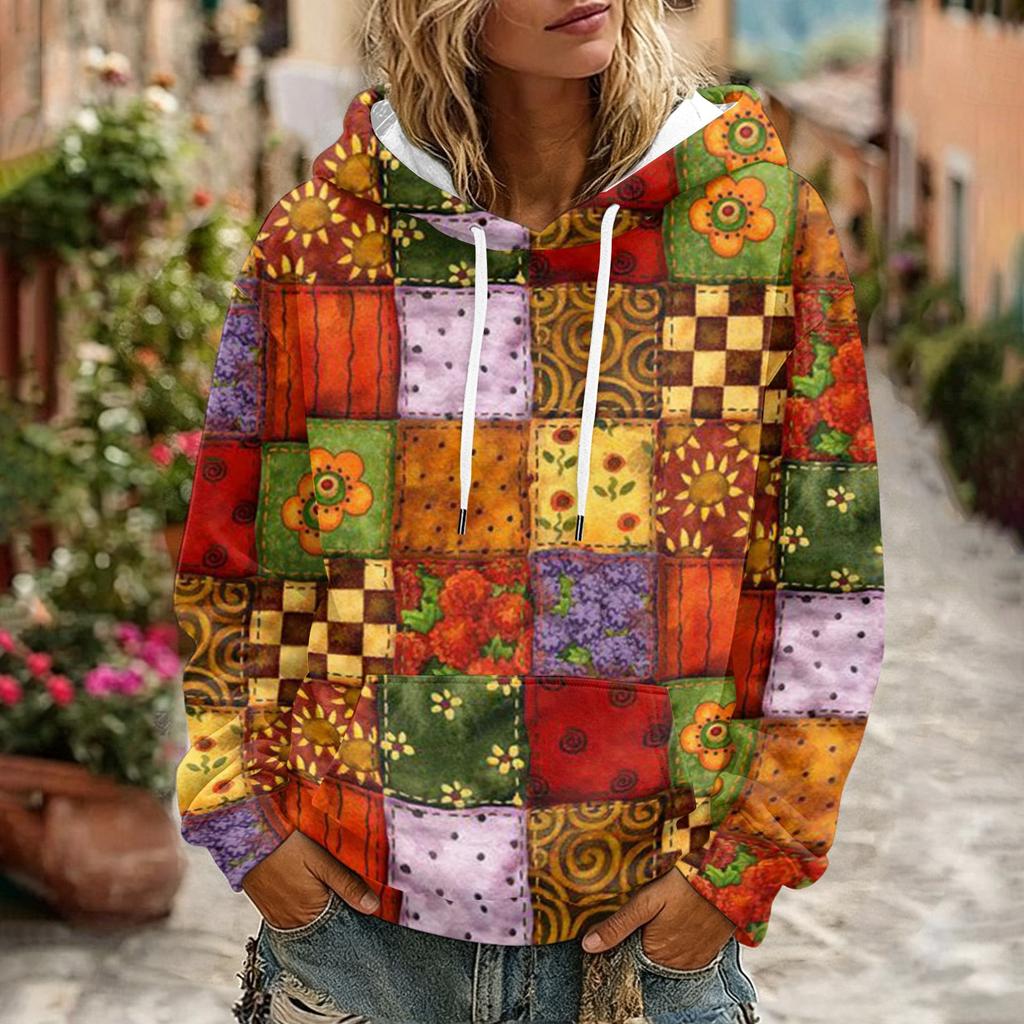 Damen Retro Print Kapuzenpullover mit langen Ärmeln, Taschen und lässiger Passform