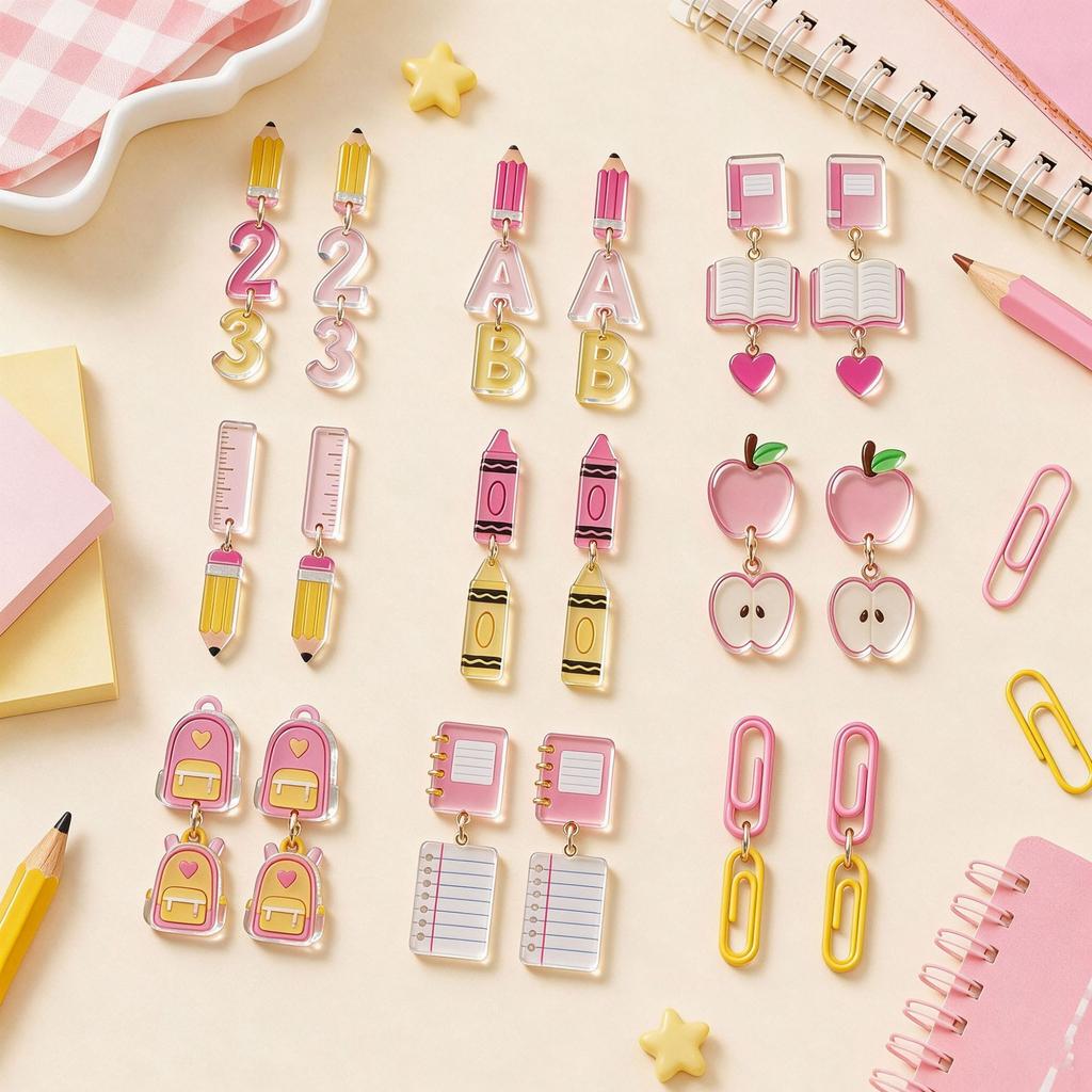 9 Pack of 2D Acrylic Printed Teachers' Day and Graduation Season Stationery Series Earrings