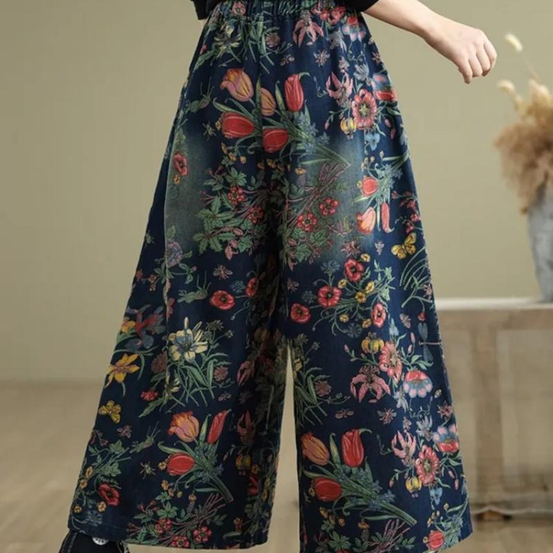 Jeans Flower Floral Print Autumn Wide Leg Pants Women Loose Fashion Ladies Oversized Trousers Elastic Waist Woman Denim Pants