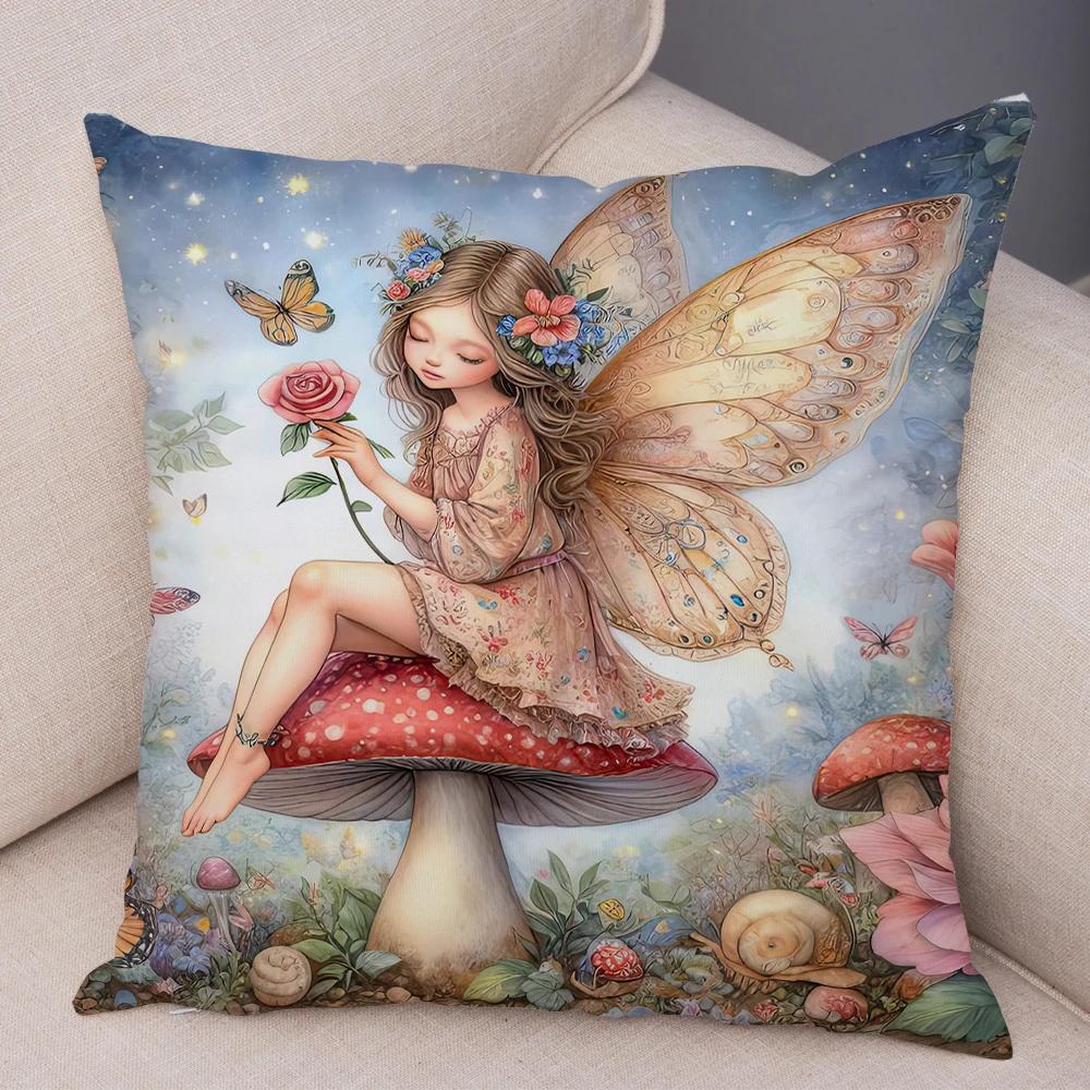 Niedlicher Cartoon Waldmädchen Elfen Kissenbezug Doppelseitig bedruckter Kissenbezug Deko für Sofa Zuhause Superweicher Plüsch Kissenbezug 40x40cm