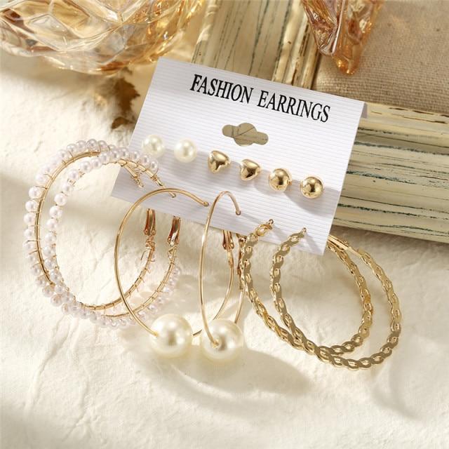 17KM Trendy Exquisite Pearl Metal Earrings Set for Women Geometric Circle Dangle Drop Earrings Acrylic Set of Earrings Jewelry