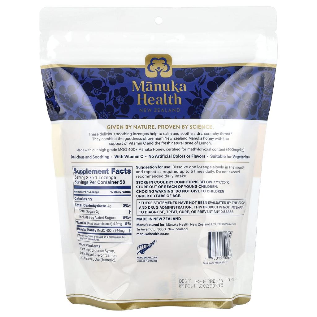 Manuka Honey Lozenges, Natural Lemon Flavor, 58 Lozenges