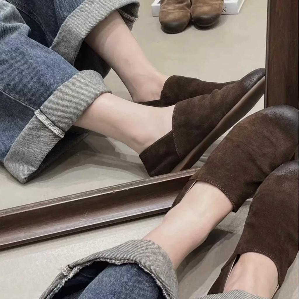 Sheepskin Version~ Retro Niche Matte Polished Color Round Head Deep Mouth Flat Bottom One Pedal Loafers Women's Autumn and Winter Single Shoes